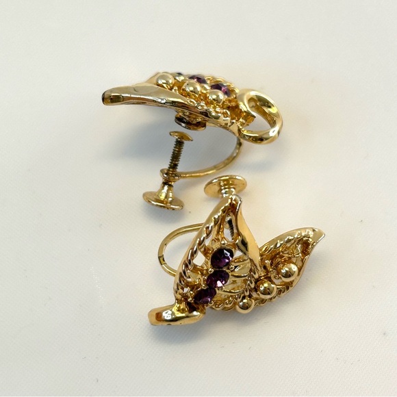Coro Screw Back Earrings Gold Tone Faux Amethyst Stones Leaf Design - Picture 7 of 10